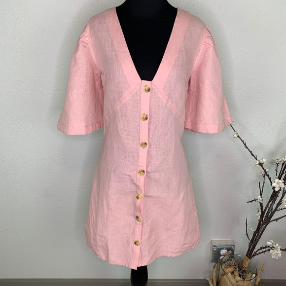 Topshop Pink Linen Blend Deep V Button Up Dress